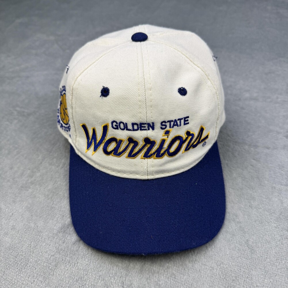 Vintage Golden State Warriors Hat Cap White Blue Script Snap Back NBA Basketball